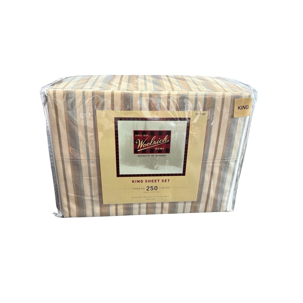 Woolrich King Size Sheet Set Beige Stripes Cottage 15" Deep 250 Thread New 2007